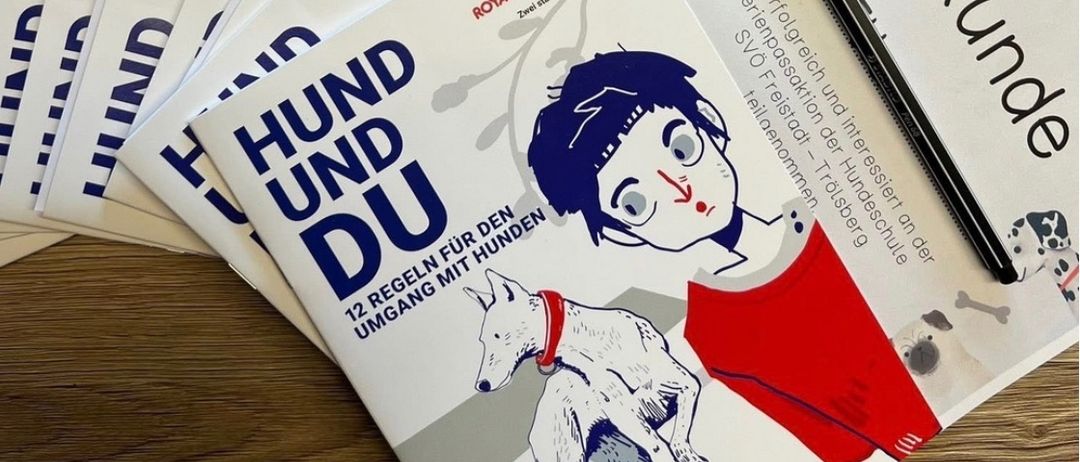 Ein Stapel Bücher mit dem Titel 'Hund und Du' mit einem Hund auf dem Cover, auf einer Holzoberfläche platziert. Ein Stift liegt neben den Büchern.