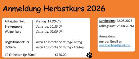 An advertisement for Herbstkurs 2026 features a dog, a schedule for training sessions, and a contact email. The schedule includes times for Friday, Saturday, and Sunday. The price for the training is listed.