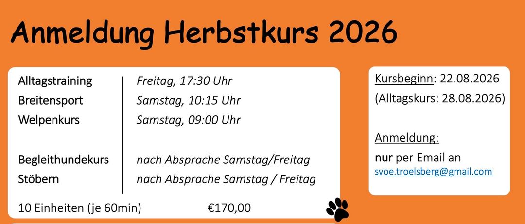 An advertisement for Herbstkurs 2026 features a dog, a schedule for training sessions, and a contact email. The schedule includes times for Friday, Saturday, and Sunday. The price for the training is listed.