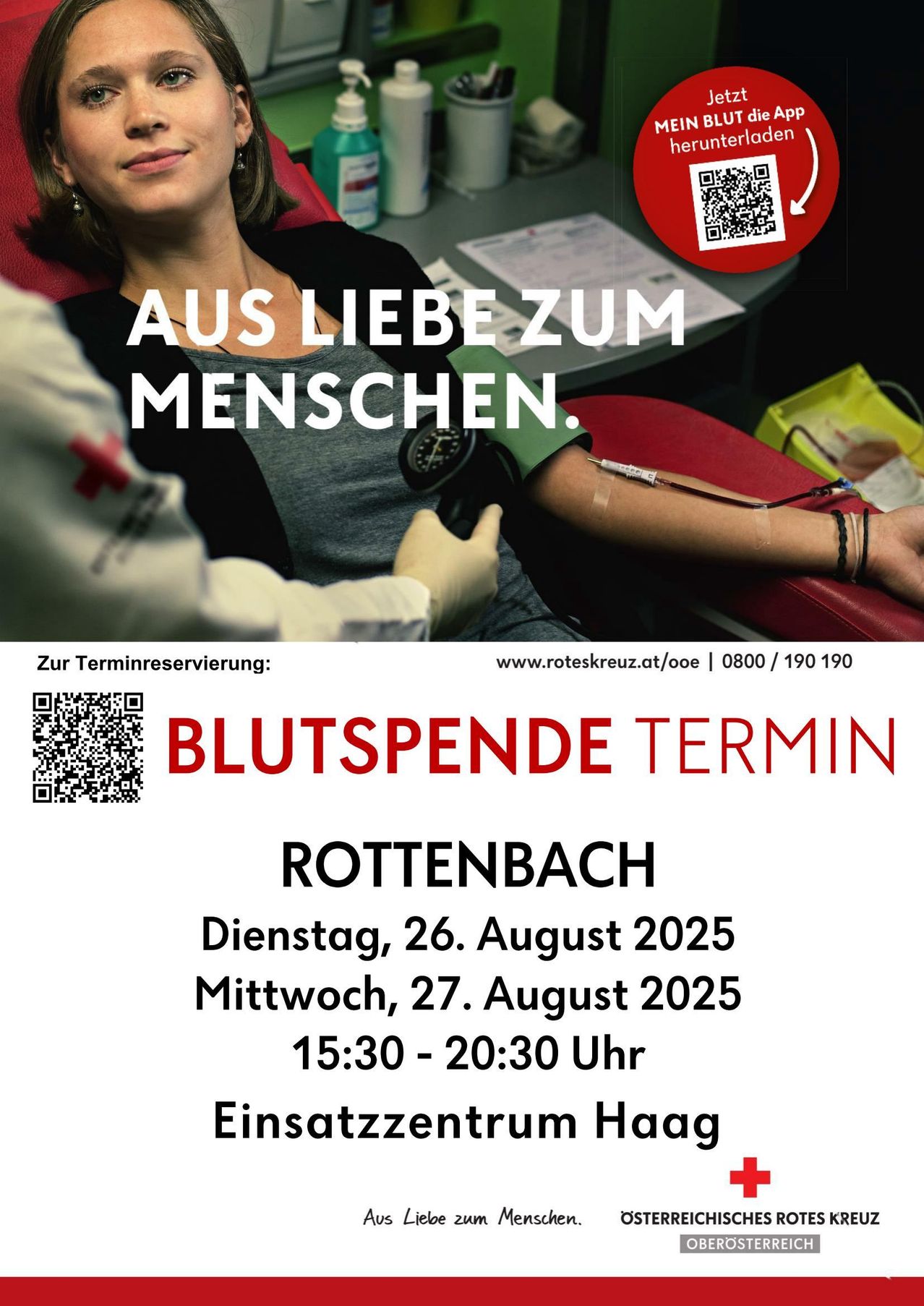 Ein Plakat für eine Blutspende-Veranstaltung am 26. und 27. August 2025 in Rottenbach. Es zeigt eine Frau, bei der ein Gesundheitsarbeiter den Blutdruck misst. Das Plakat enthält einen QR-Code und Kontaktinformationen für die Anmeldung.