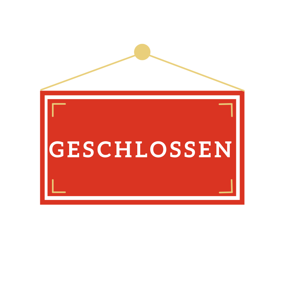 Ein rotes Schild mit weißem Rand hängt an einem gelben Band. Es steht 'Geschlossen' in fetten weißen Buchstaben, was bedeutet, dass es geschlossen ist.