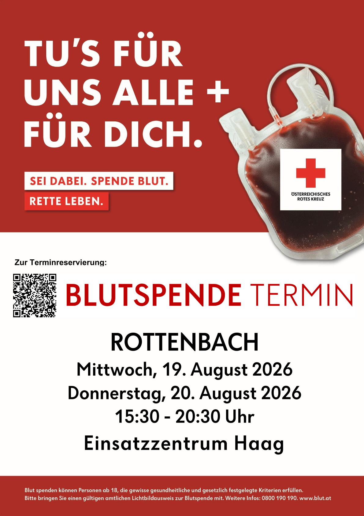 Plakat zur Blutspende-Veranstaltung in Rottenbach am 19. und 20. August 2026 von 15:30 bis 20:30 Uhr. QR-Code für die Anmeldung. Rotes Kreuz Logo.