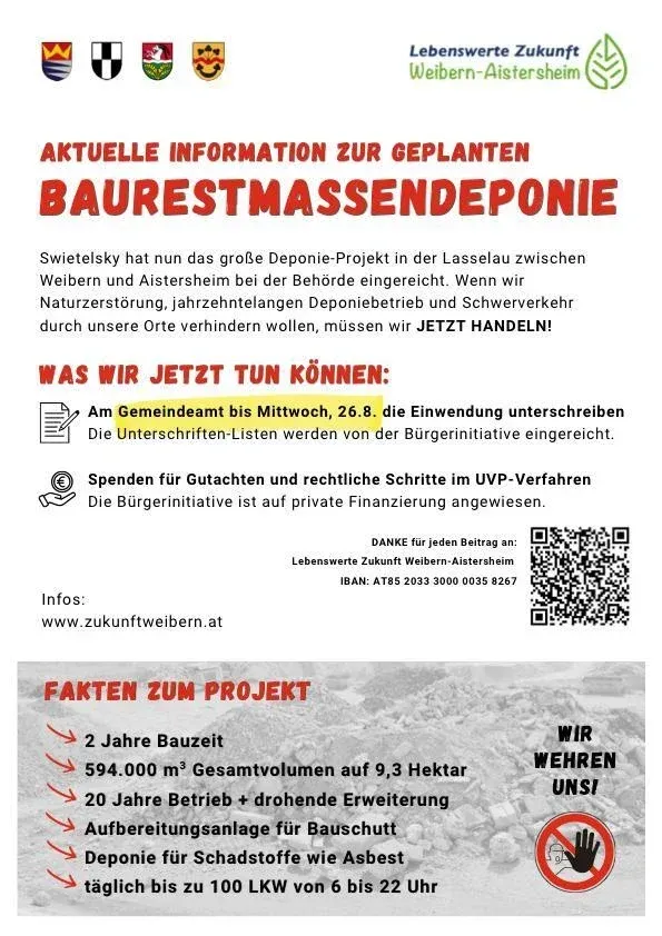 Ein Flyer mit Informationen über ein geplantes Abfalllager in Weibern-Aisterheim. Er enthält Details über das Projekt, seine Umweltauswirkungen und ruft zur Gemeinschaftsaktion auf, um es zu verhindern. Der Flyer gibt eine Frist für das Unterschreiben einer Petition an und erwähnt finanzielle Unterstützung für rechtliche Schritte. Er enthält auch einen QR-Code für weitere Informationen.