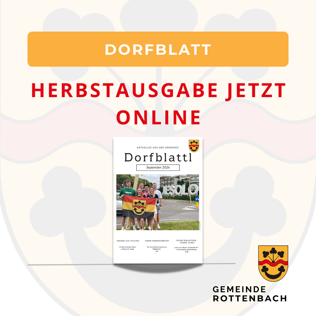 Ein Plakat für den Dorfblatt, eine Gemeindezeitung, mit einer Gruppe von Menschen, die eine Flagge und ein Logo halten. Der Text lautet 'Herbstausgabe jetzt online'.
