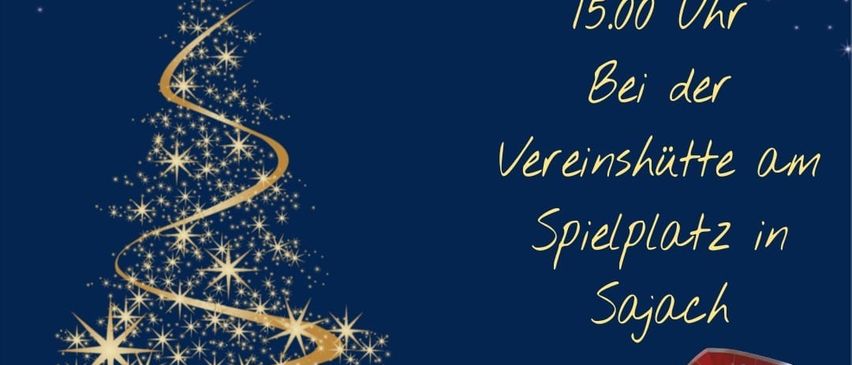 Ein Plakat bewirbt eine Beleuchtung der Weihnachtsbaumveranstaltung bei ESV Sajach am 20. Dezember 2025 um 15 Uhr. Die Veranstaltung findet im Vereinsheim auf dem Sportplatz in Sajach statt. Eine goldene Schleife und Geschenke sind ebenfalls zu sehen.