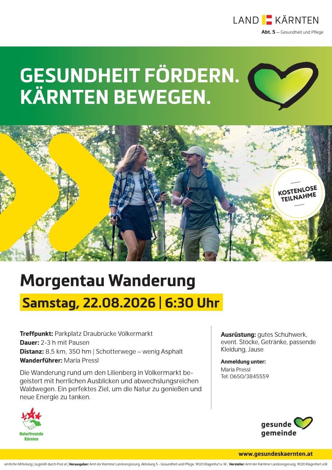 Ein Plakat für eine Wanderveranstaltung in Volkermarkt. Es zeigt ein Paar, das in einem Wald wandert, mit Details zur Veranstaltung, einschließlich Datum, Uhrzeit und Leiter.