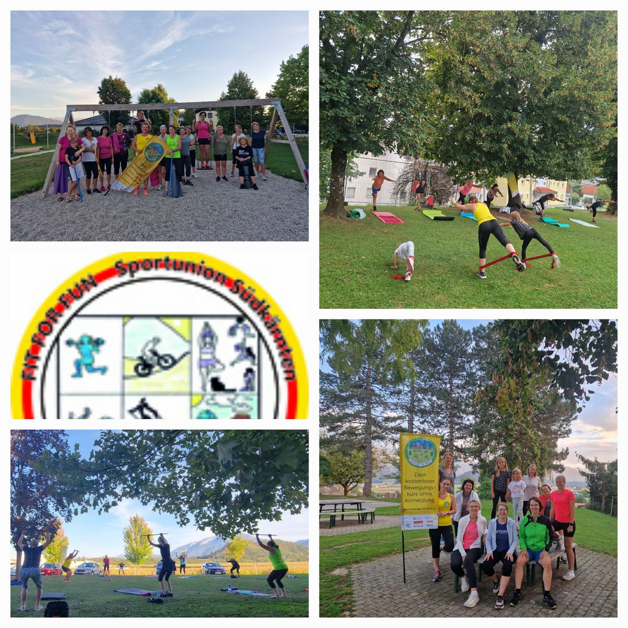 Eine Collage aus vier Bildern, die eine Gruppe von Menschen bei verschiedenen Outdoor-Fitnessaktivitäten in einem Park zeigt. Das erste Bild zeigt eine Gruppe, die mit einem Banner posiert, das zweite hat Leute, die Yoga auf Matten machen, das dritte zeigt Einzelpersonen, die Übungen unter Bäumen machen, und das vierte zeigt ein Gruppenfoto mit einem gelben Schild.