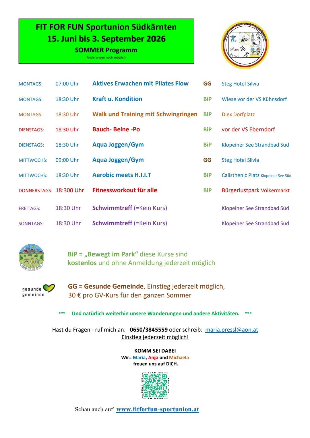 Weekly schedule for various activities. Includes details on classes, timings, locations, and additional notes. For inquiries, contact Maria or Michaela.