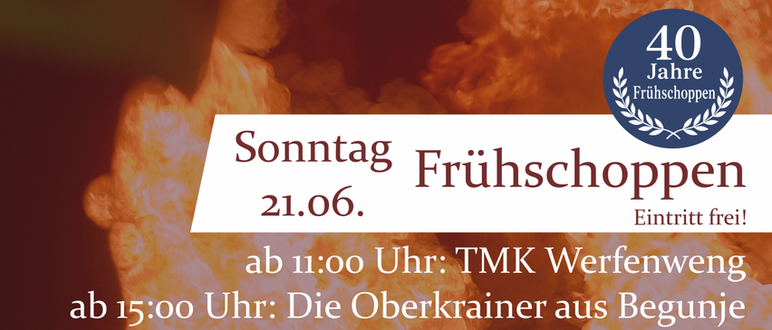 Plakat für eine Familienveranstaltung mit Musik, Essen und einem Spielplatz für Kinder. Mit Auftritten von Bands und einer Feier zum 40-jährigen Jubiläum. Eintritt frei!