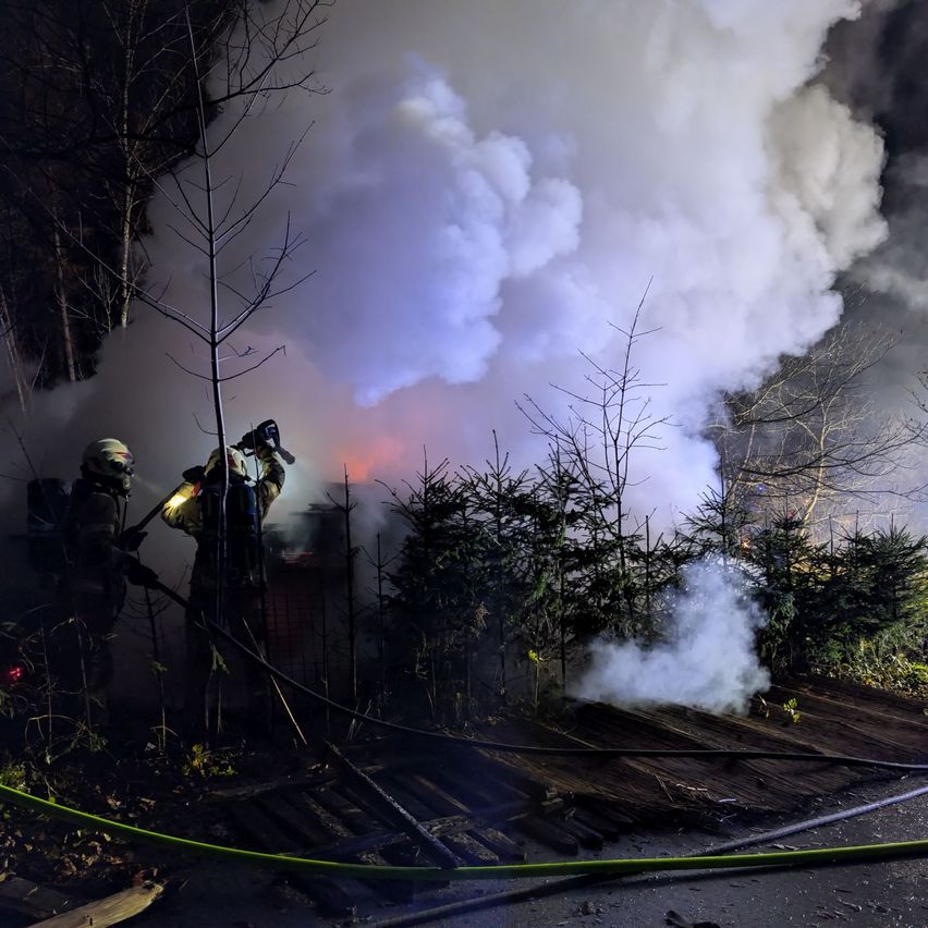 Two firefighters are outside at night, battling a blaze that emits heavy smoke. They wear protective gear and hold a hose, focusing on the burning area surrounded by trees.