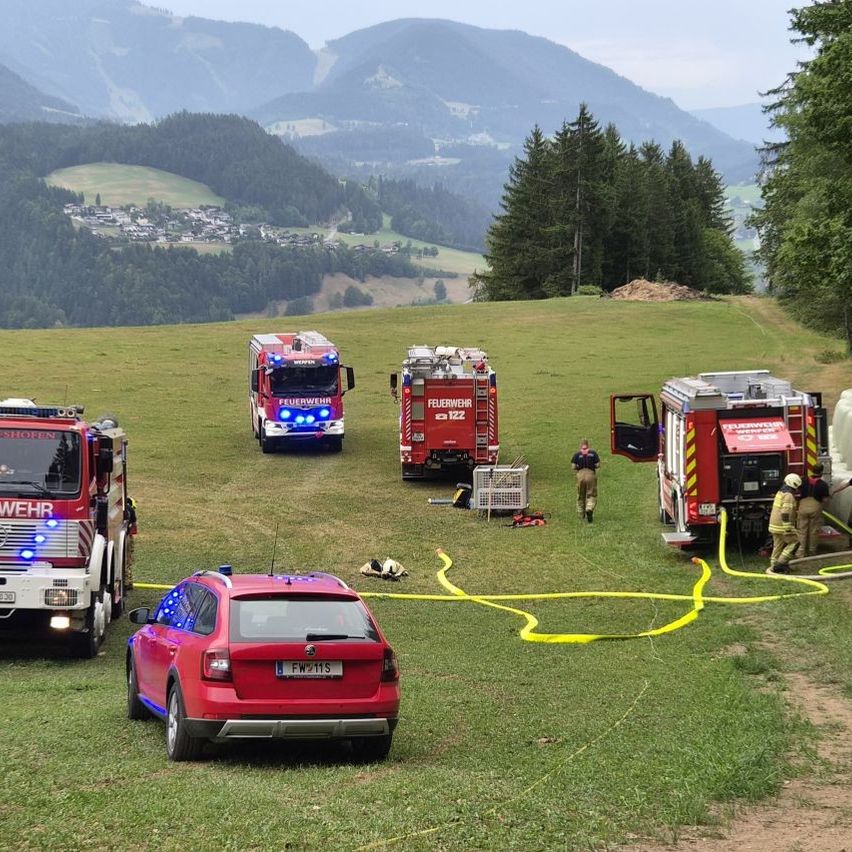Mehrere Feuerwehrfahrzeuge sind auf einer Wiese geparkt, während Feuerwehrleute eine Aufgabe erledigen. Ein rotes Auto ist in der Nähe geparkt. Die Szenerie ist vor dem Hintergrund von Bergen und Bäumen.