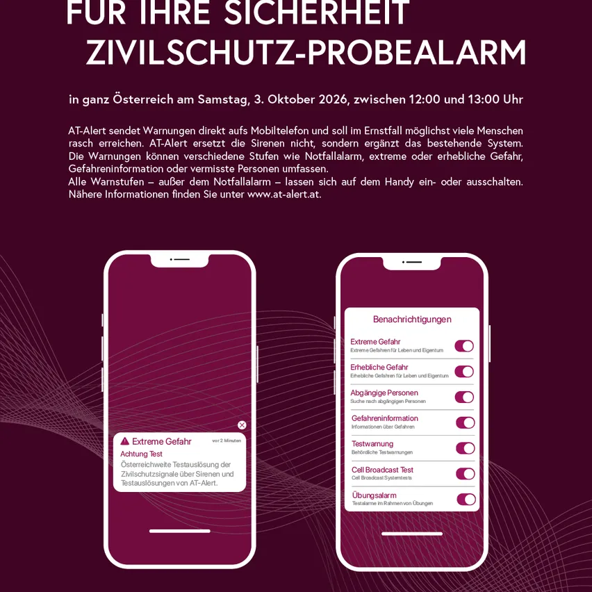 Eine Werbung für AT-Alert, ein Zivilschutz-Warnsystem, zeigt zwei Smartphones mit der AT-Alert-App geöffnet. Die App zeigt verschiedene Warneinstellungen und einen QR-Code für weitere Informationen.