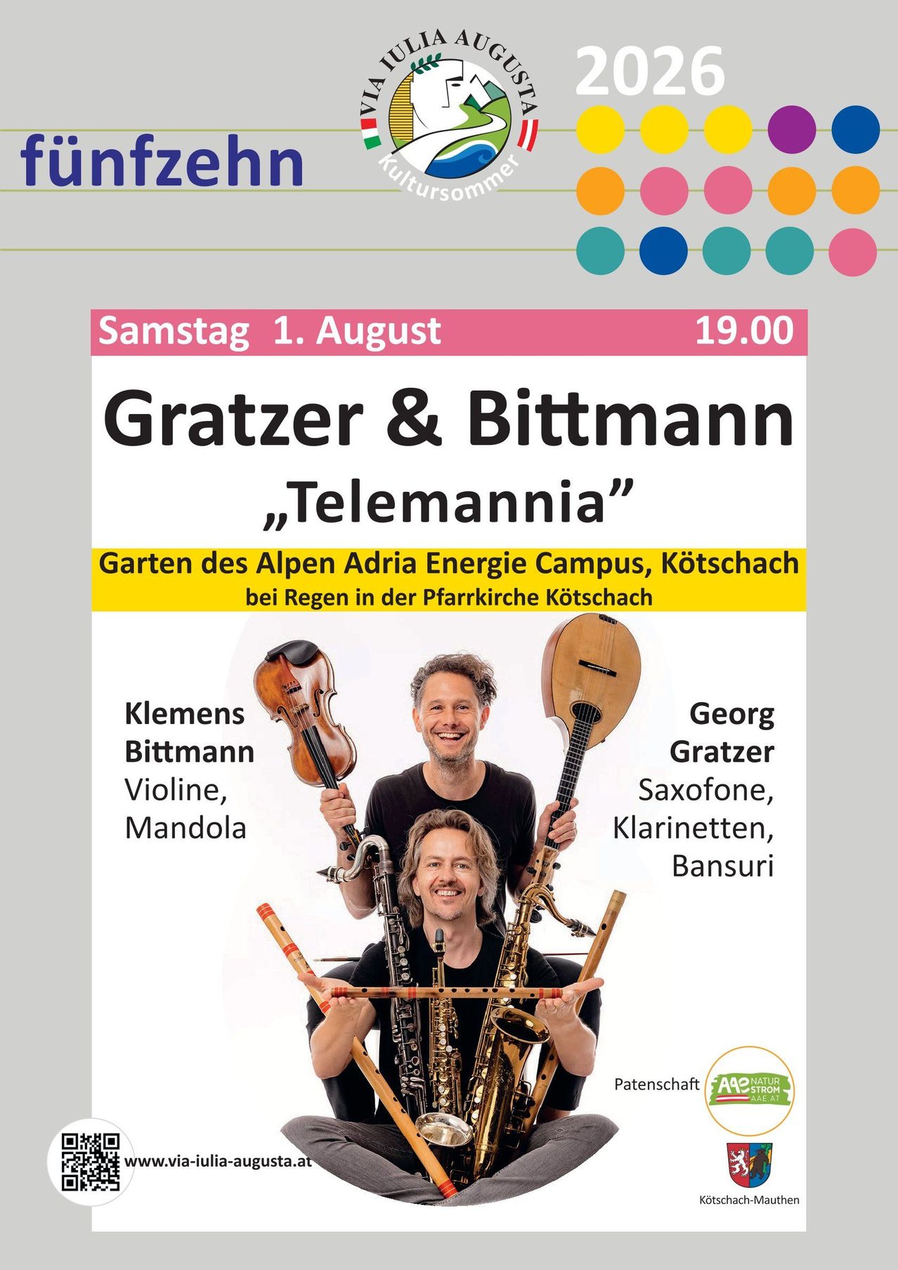 Plakat für ein musikalisches Event mit Klemens Bittmann an der Violine und Mandoline und Georg Gratzer an Saxophon, Klarinetten und Bansuri. Das Event findet am Samstag, 1. August um 19:00 im Garten des Alpen Adria Energie Campus, Kötschach statt.