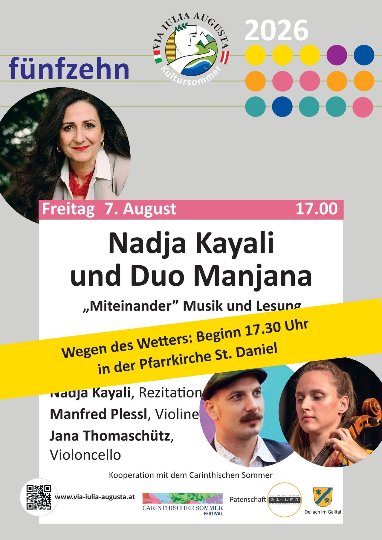 Poster for an event featuring Nadja Kayali and Duo Manjana, with a photo of Nadja Kayali, a woman with long hair and a red necklace, and a violin player. The event is scheduled for Friday, August 7th at 5 PM.