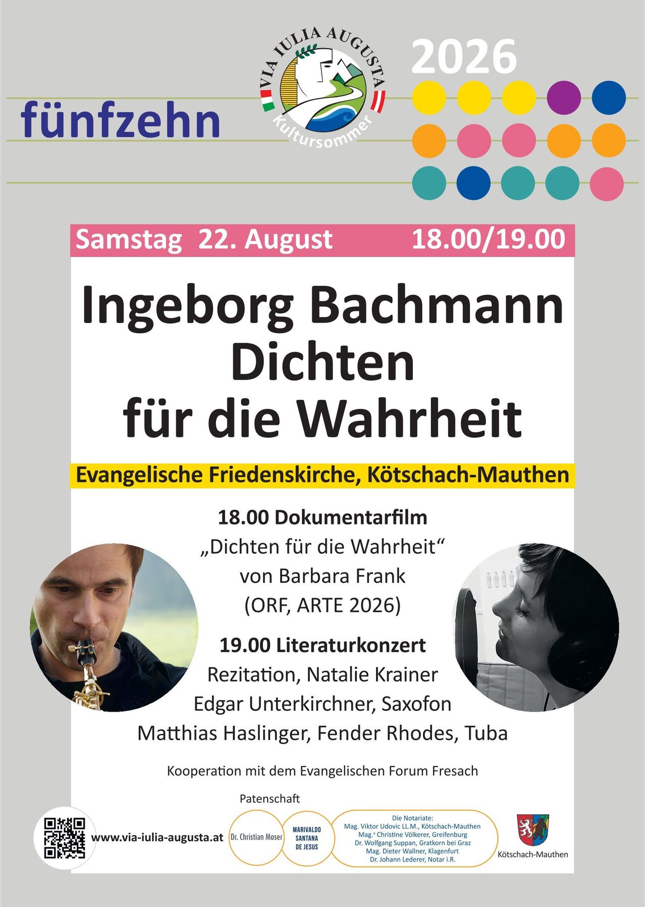 Plakat für die Ingeborg Bachmann Dichtung für die Wahrheit Veranstaltung am 22. August, mit einem Mann, der Saxophon spielt, und einer Frau, die singt. Die Veranstaltung umfasst einen Dokumentarfilm und ein Literaturkonzert.