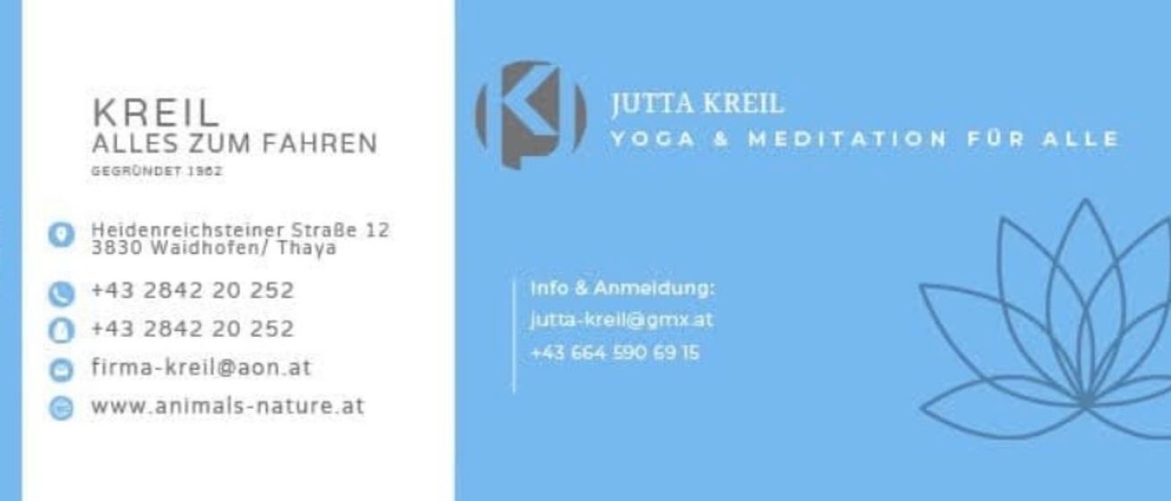 Ein Poster für Jutta K. Yoga, gegründet 1982, zeigt die Adresse und Kontaktdaten. Es enthält eine Telefonnummer, E-Mail und Website.
