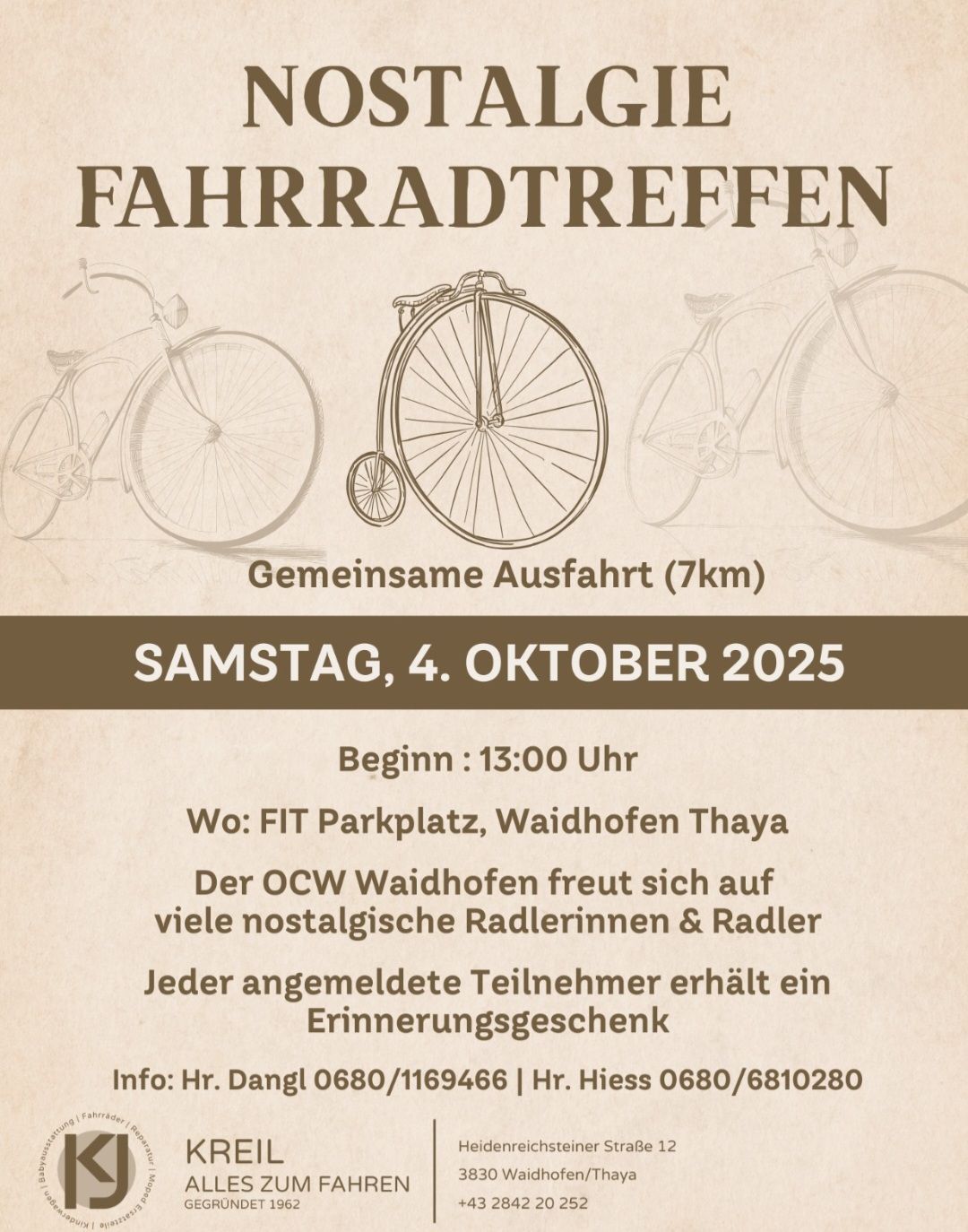 Ein Plakat für ein Fahrradtreffen am Samstag, 4. Oktober 2025, Beginn um 13:00 Uhr am FIT Park Plaza, Waidhofen. Der OCW Waidhofen begrüßt viele nostalgische Radfahrer. Jeder angemeldete Teilnehmer erhält ein Erinnerungsgeschenk.