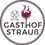 Gasthof Strauß-Logo. Das Logo von Gasthof Straub, gegründet 1906, zeigt ein Weinglas mit rotem Wein und einem Gabel- und Messersymbol.