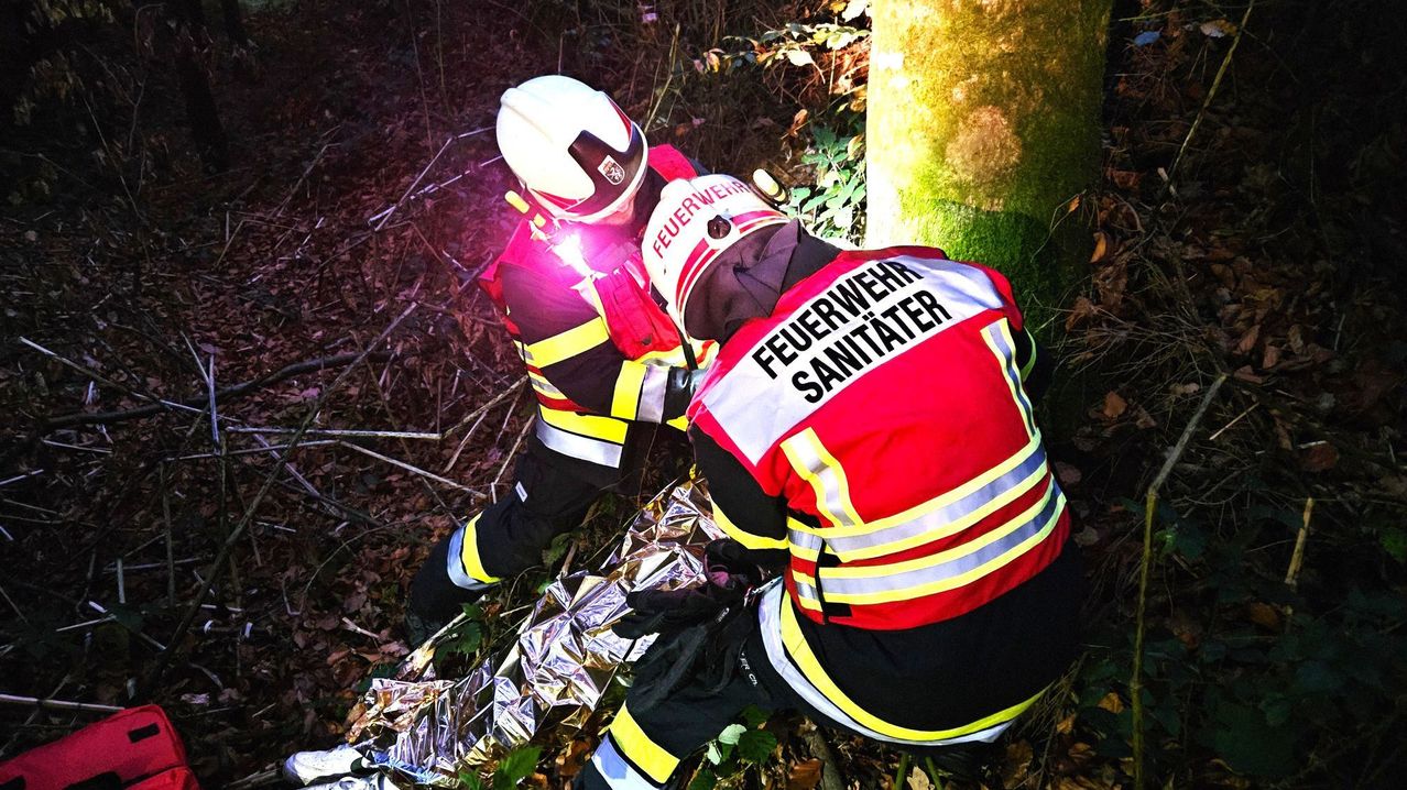 Two firefighters in reflective gear are working in a forest, one using a flashlight. They are wearing helmets with the word 'Feuerwehr'.