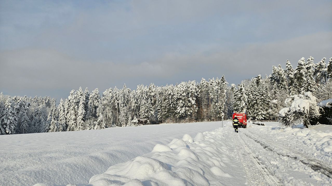 Ein Feuerwehrmann geht einen verschneiten Pfad zu einem roten Notfallfahrzeug. Der Pfad ist von schneebedeckten Bäumen umgeben. Der Himmel ist bewölkt.