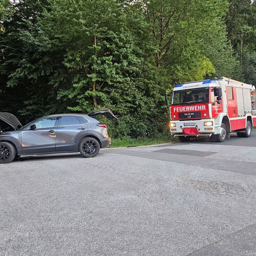 A gray SUV with its trunk open is parked on the side of the road, with a red fire truck with the word 'Feuerwehr' on it driving by.