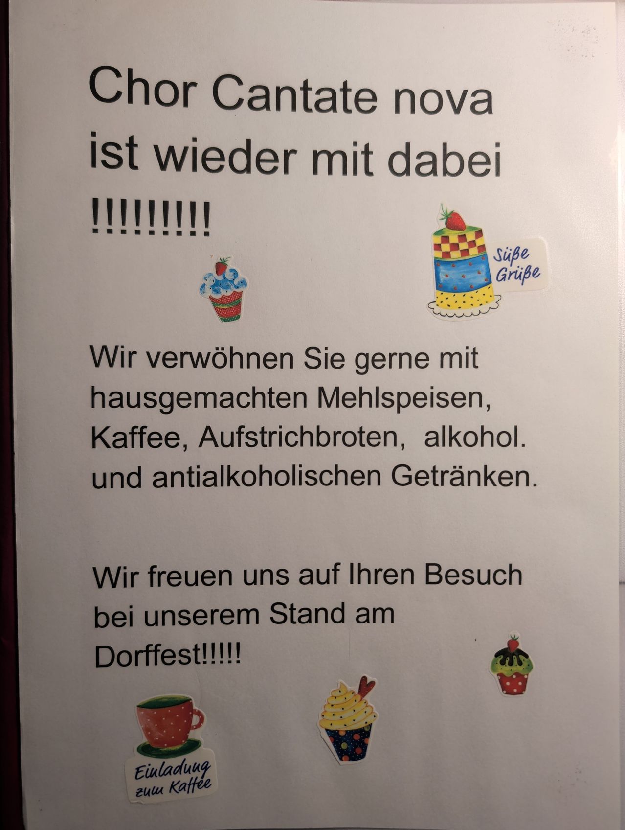 A poster with German text and various food and drink stickers, including cupcakes, a cake, and a coffee cup. The text invites visitors to a stand at a village festival, offering homemade flour dishes, coffee, toast, alcohol, and non-alcoholic drinks.