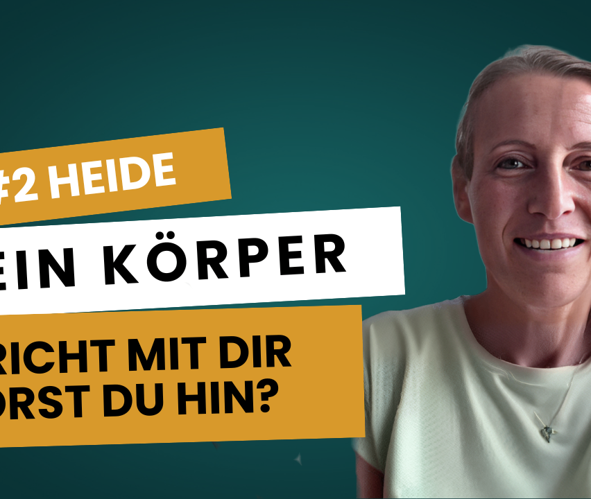 Eine Werbung mit einer lächelnden Frau. Der Text lautet 'Heide' in Weiß, 'In Ihrem Körper' in Weiß und 'Sind Sie drin?' in Gelb auf blauem Hintergrund.
