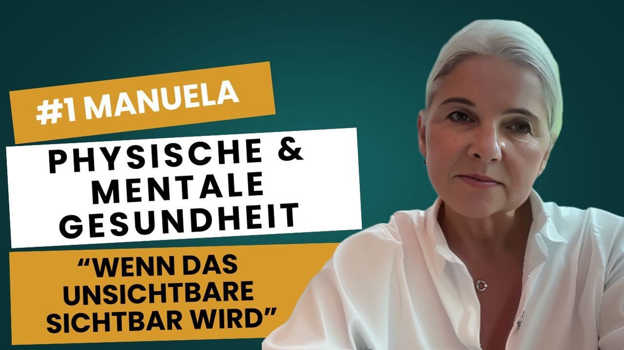 Ein Poster mit einer Frau in einem weißen Hemd, das Text über körperliche und geistige Gesundheit auf Deutsch enthält. Der Text lautet: 'Wenn das Sichtbare unsichtbar wird'.