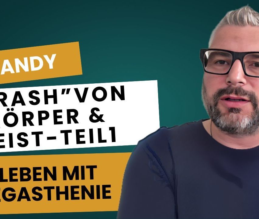 Ein Mann mit Brille und Bart spricht vor einem grünen Hintergrund mit Text 'NDY', 'ASH VON ORPER & ST-TEIL1' und 'EBEN MIT ASTHENI'.