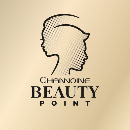 Eine minimalistische Silhouette eines Kopfes mit Punkten und Linien auf beigem Hintergrund. Der Text 'CHANNOINE BEAUTY POINT' ist in schwarzer Schrift geschrieben.