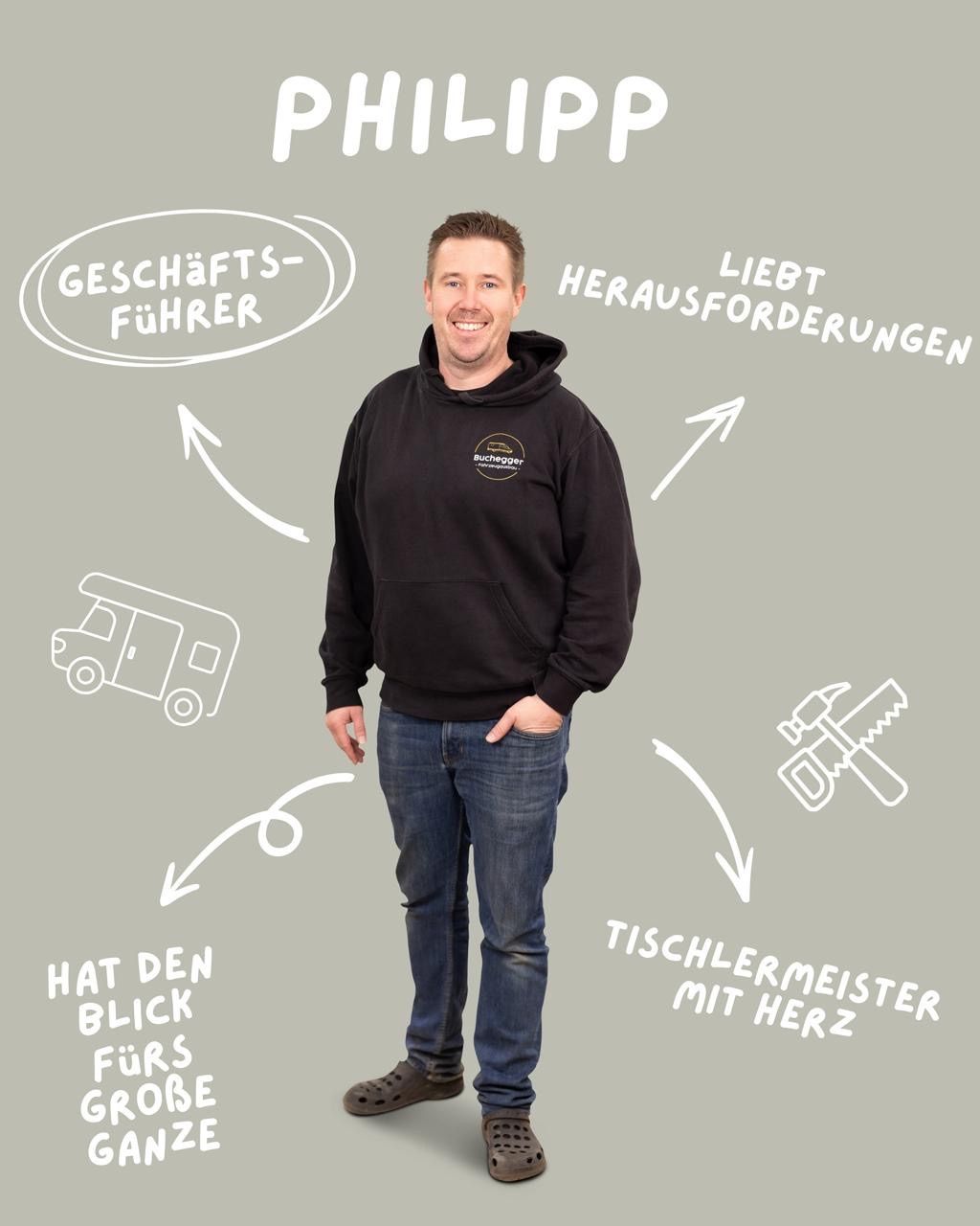 A man in a black hoodie and jeans stands with a smile, his hand in his pocket. Around him are icons of a truck, hammer, and saw. The words around him read 'Business Leader', 'Loves Challenges', 'Carpenter with Heart', and 'Has the Eye for the Big Picture'.