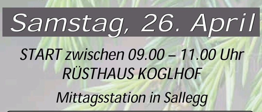 Ein Veranstaltungsplakat für eine Maiwipferlwanderung am Samstag, 26. April. Sie beginnt zwischen 09:00 und 11:00 im Rasthaus Koglhof. Es wird musikalische Unterhaltung an allen Haltestellen geben.