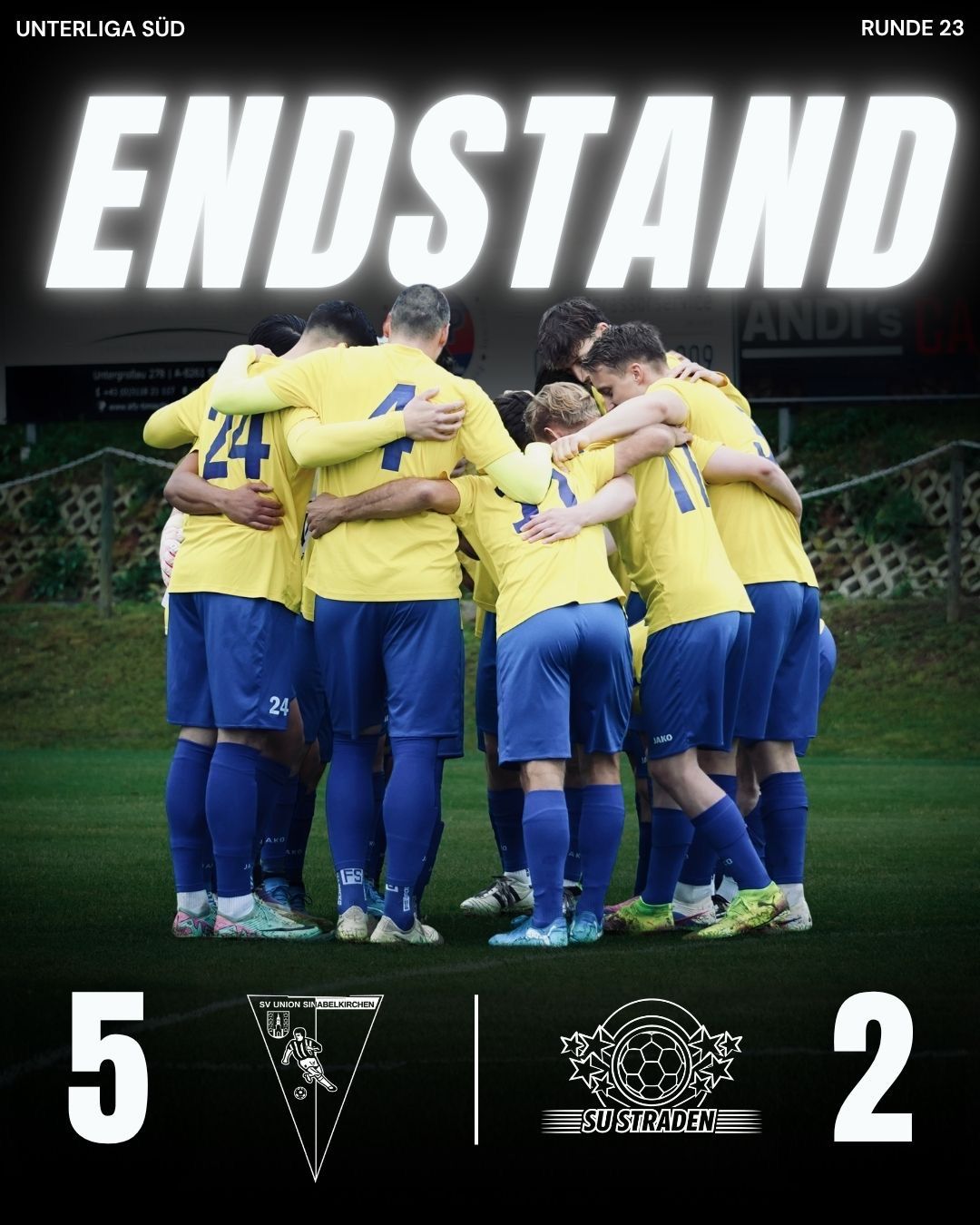 Soccer players in yellow jerseys stand in a circle on a field. The score is 5-2. The text ENDSTAND is displayed prominently.