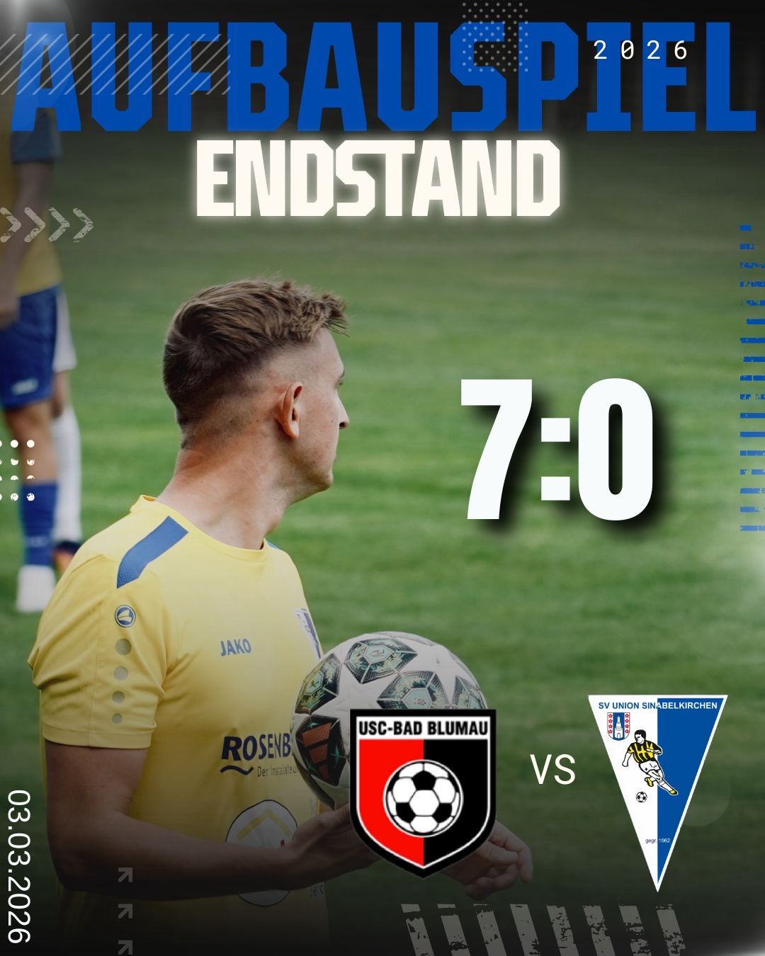 Endstand eines Fußballspiels. Ein Spieler in einem gelben Trikot hält einen Fußball und schaut nach vorne. Das Ergebnis ist 7:0.