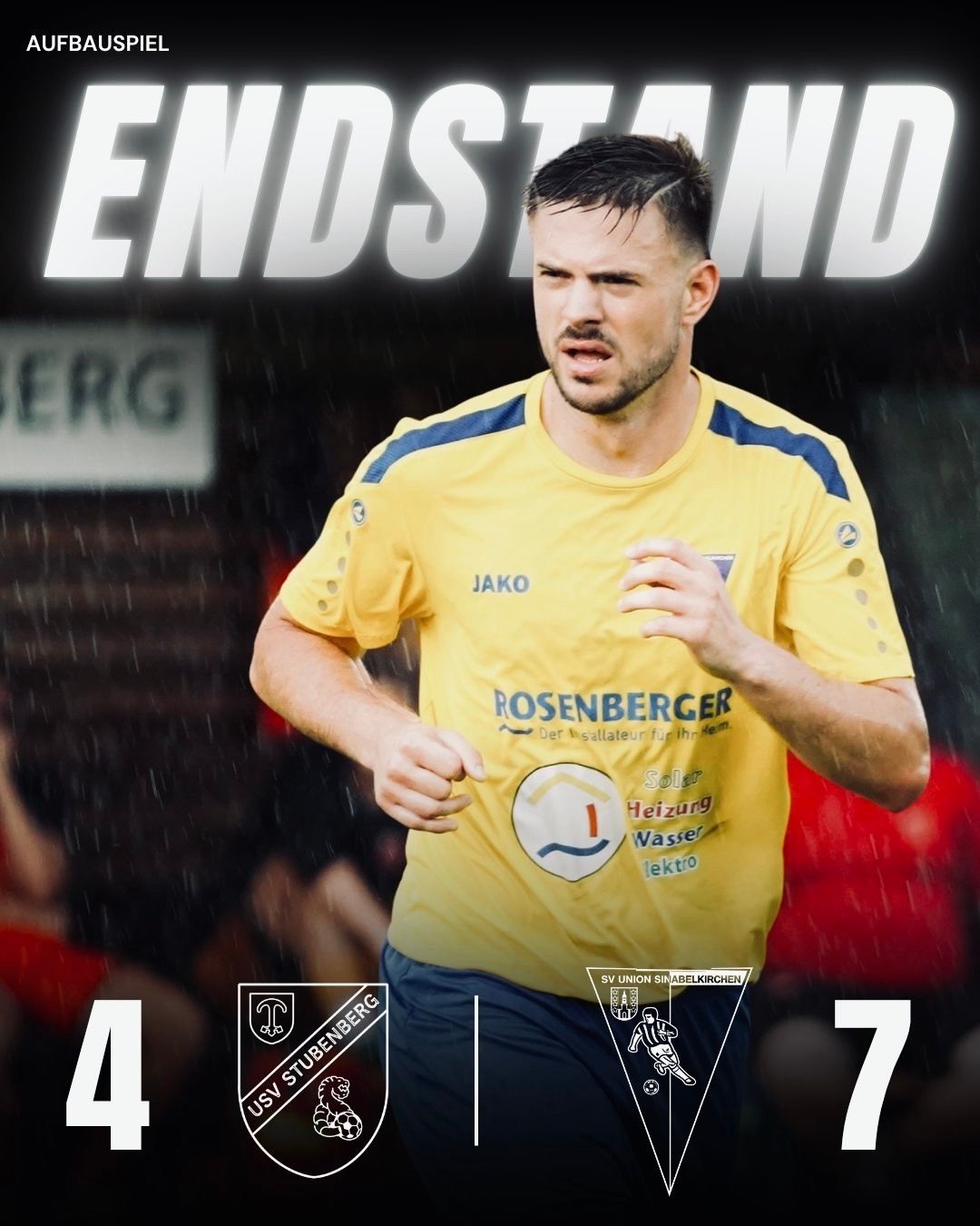 A soccer player in a yellow jersey with blue trims is running in the rain, looking focused. The number '4' and '7' are displayed prominently in the foreground.