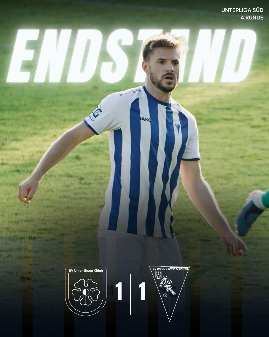 A soccer player in a blue and white striped jersey is running on the field with the word 'ENDSTAND' in the background.