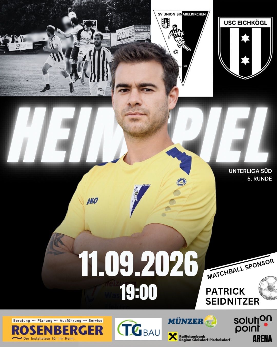 A soccer player named Heim Piel is featured in a promotional poster for a match on September 11, 2026. The poster includes a black and white background with a logo and text.