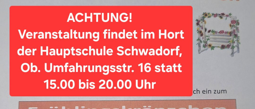 Ein Hinweis auf eine Veranstaltung in der Hauptschule Schwadorf. Die Veranstaltung ist eine musikalische Unterhaltung mit bereitgestelltem Essen und Trinken, mit Live-Musik und Karaoke. Reservierungen werden erbeten.