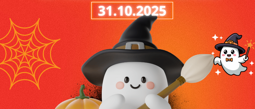 Ein Halloween-Event-Werbebild zeigt einen niedlichen Geist mit Hexenhut, der einen Besen hält, umgeben von Kürbissen und Fledermäusen. Das Datum 31.10.2025 ist angegeben.