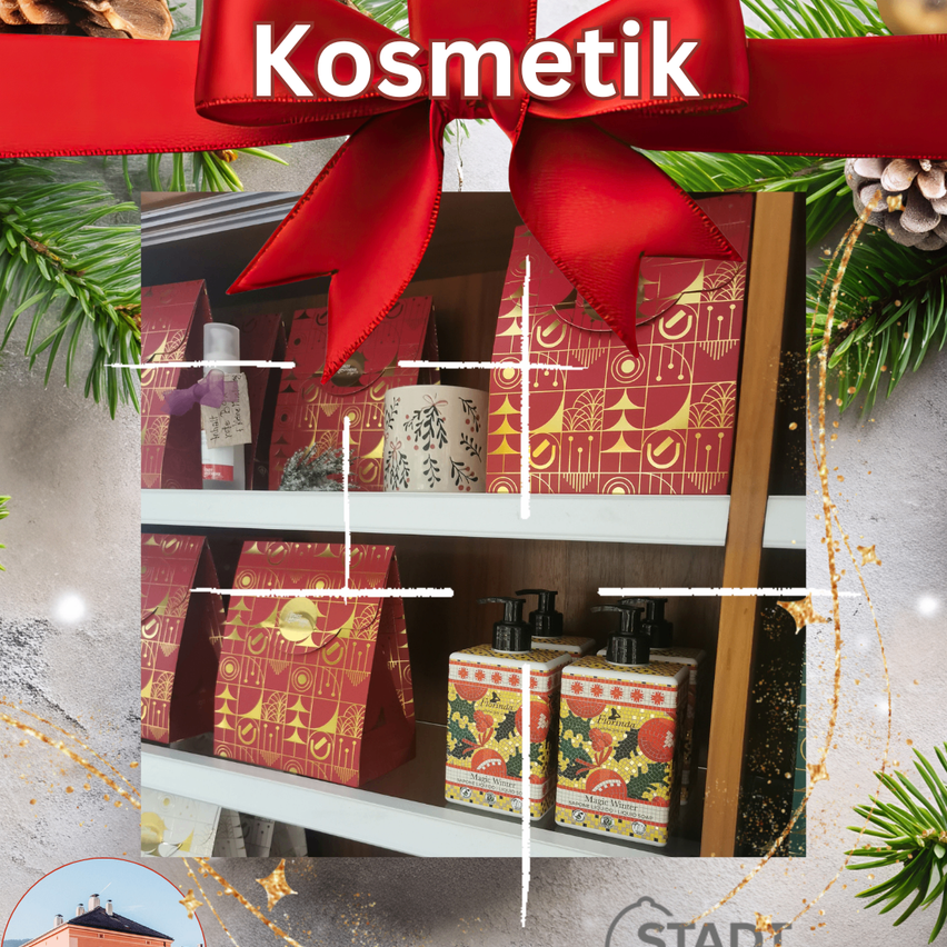 Eine Präsentation von weihnachtlich dekorierten Kosmetikprodukten, verpackt in rote Geschenkpapier, auf einem Regal mit Tannenzapfen und einem roten Band im Hintergrund.