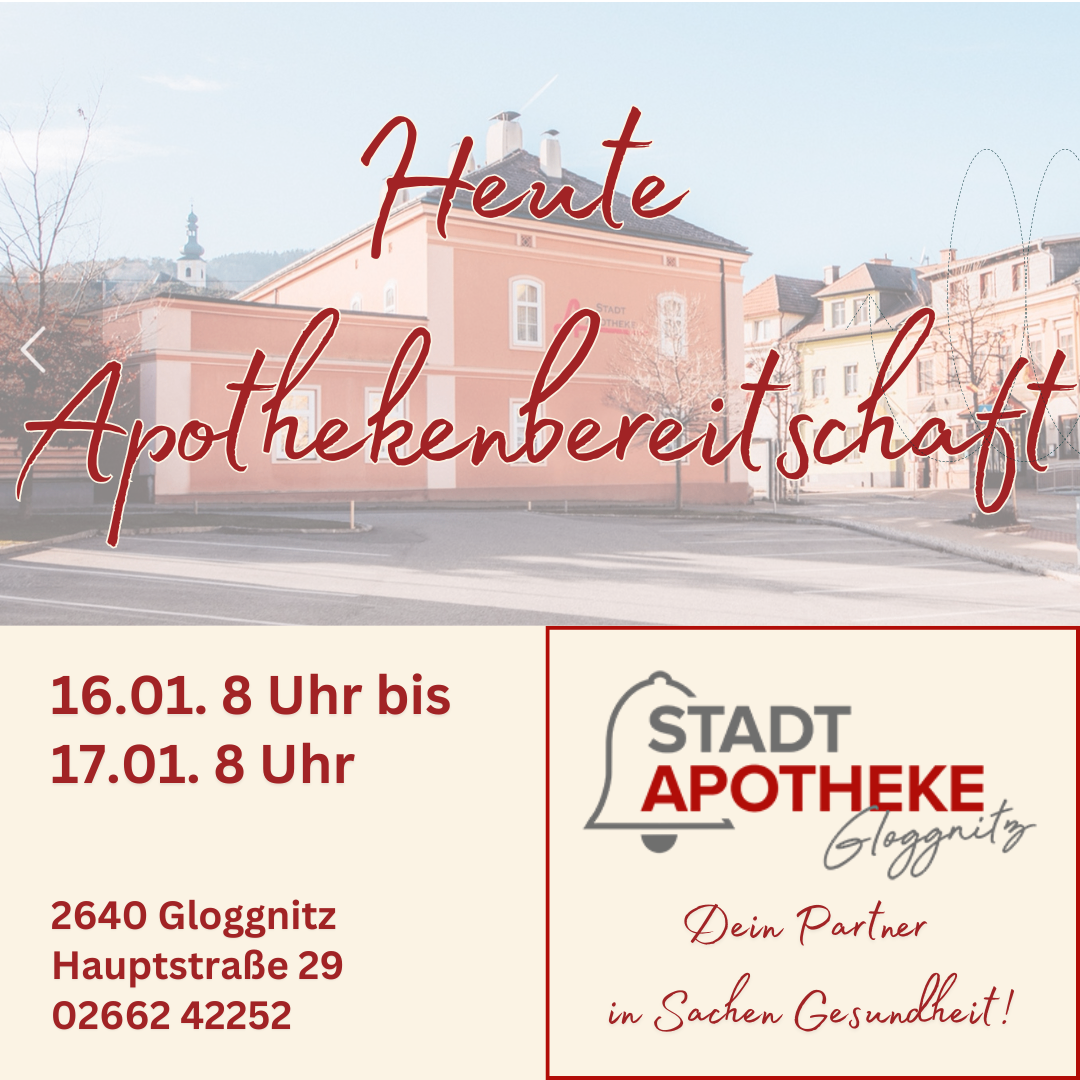 Poster for Stadt Apotheke in Glognitz, Austria. It shows a building with pharmacy signs, a date range of January 16 to 17, 2023, and operating hours from 8 AM to 8 PM. Contact information includes the address and phone number.