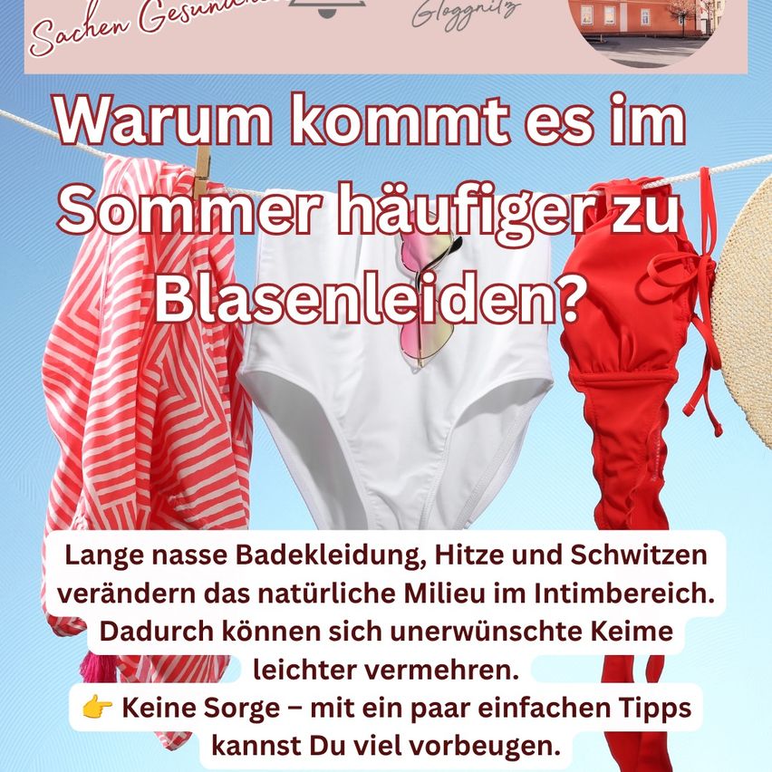 Kleidung trocknet an einer Wäscheleine mit einem Haus und Gebäude im Hintergrund. Das Bild erklärt, warum Blasenprobleme im Sommer zunehmen.