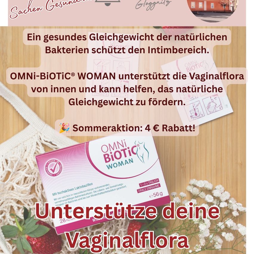 Eine Werbung für ein Produkt namens Omni Biotic Woman. Das Bild zeigt eine Verpackung mit rosafarbenem Cover und Text zur Förderung der Vaginalflora. Es beinhaltet ein Rabattangebot und eine Sommeraktion.
