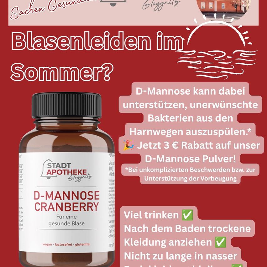 Eine Werbung für D-Mannose Cranberry Nahrungsergänzungsmittel, das bei Blasenproblemen im Sommer helfen soll. Es werden Vorteile wie die Reduzierung unerwünschter Bakterien und das Ausspülen der Harnwege genannt.