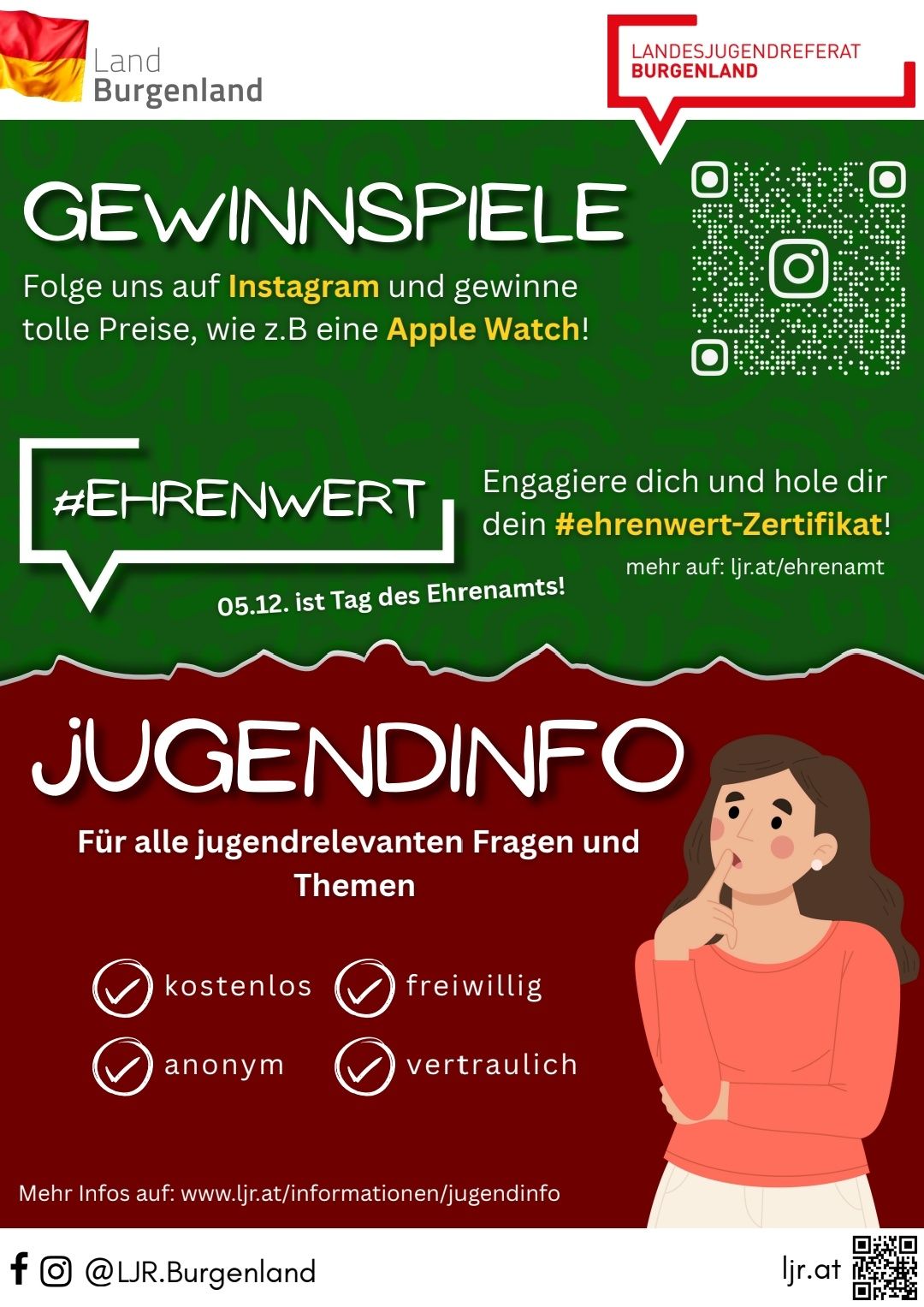 Werbebeitrag für ein Gewinnspiel auf Instagram. Es ermutigt zum Folgen für die Chance, Preise wie eine Apple Watch zu gewinnen. Die Hashtags #ehrenwert und #ehrenwert-Zertifikat werden erwähnt. Der 05.12 wird als Ehrenamtstag vermerkt. Der untere Bereich bewirbt Jugendinfo, das kostenlose, freiwillige und vertrauliche Beratung anbietet.