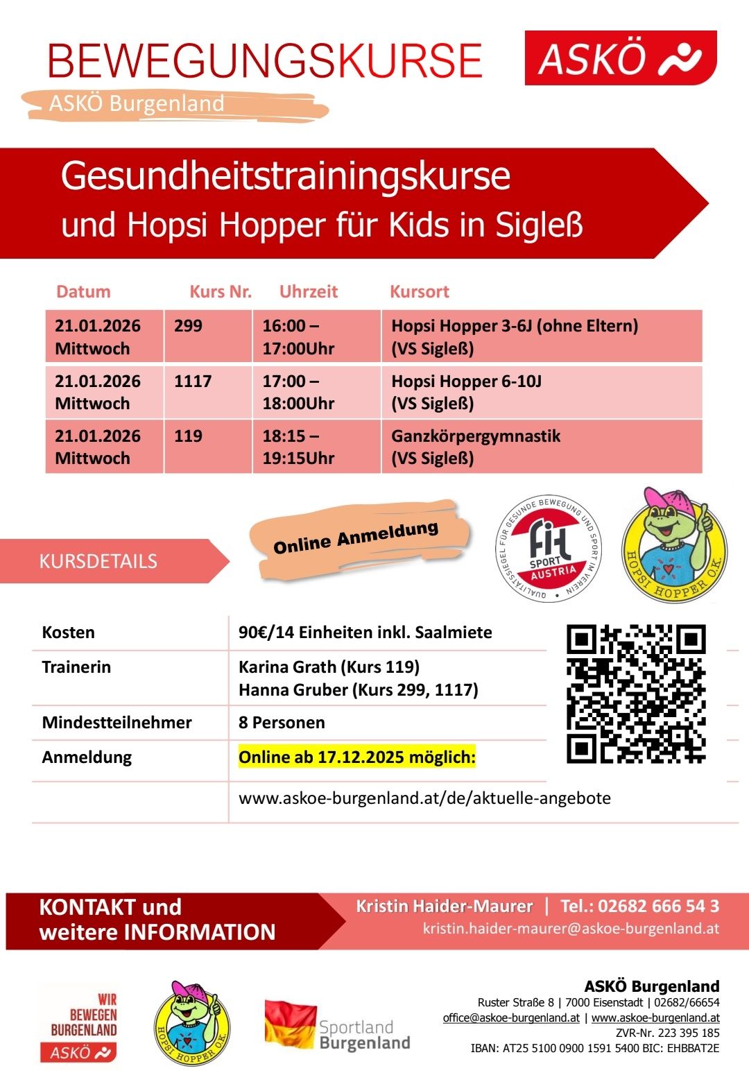 Ein Poster zeigt Gesundheitstrainingskurse und Hopsi Hopper für Kinder in Sigleß. Daten, Kursnummern, Zeiten und Kursarten sind aufgeführt. Kursdetails umfassen Kosten, Trainer, Mindestteilnehmer und Anmeldung. Ein QR-Code ist für die Anmeldung bereitgestellt.