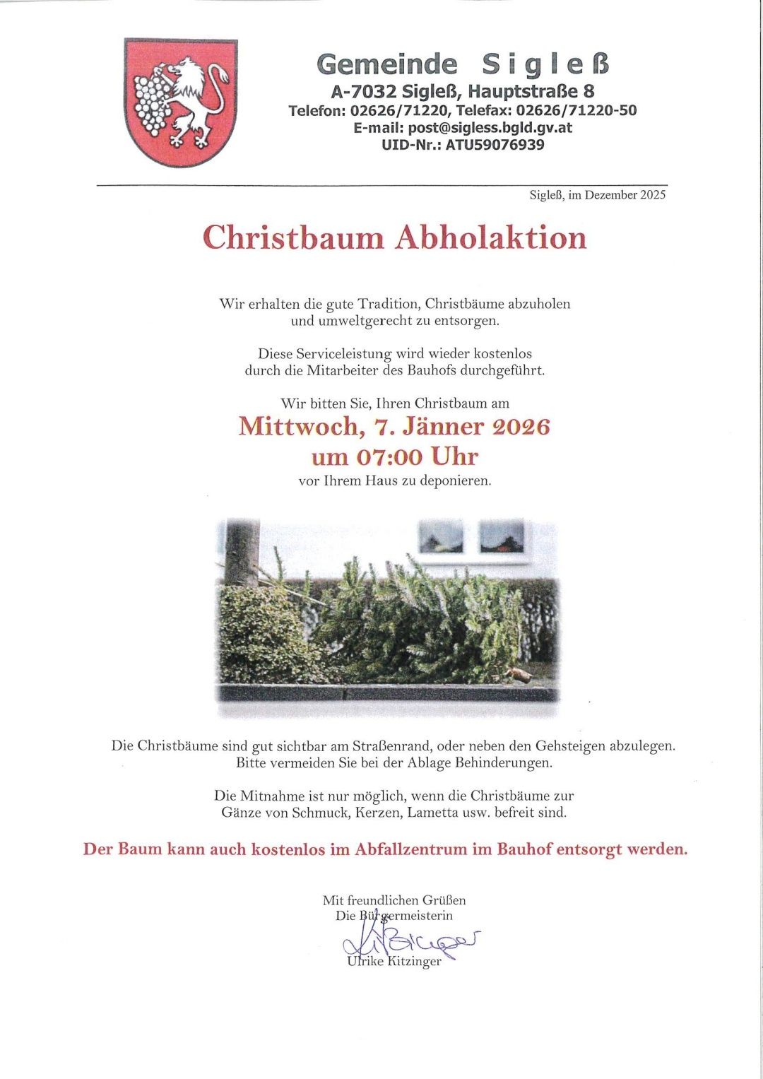 Ein Flyer für die Sigleb Christbaum Abholaktion, datiert auf Dezember 2025. Er informiert über einen kostenlosen Service zur Entsorgung von Weihnachtsbäumen am Mittwoch, 7. Januar 2026, um 7:00 Uhr. Bäume sollten frei von Dekorationen und bereit für die Abholung zu Hause sein.