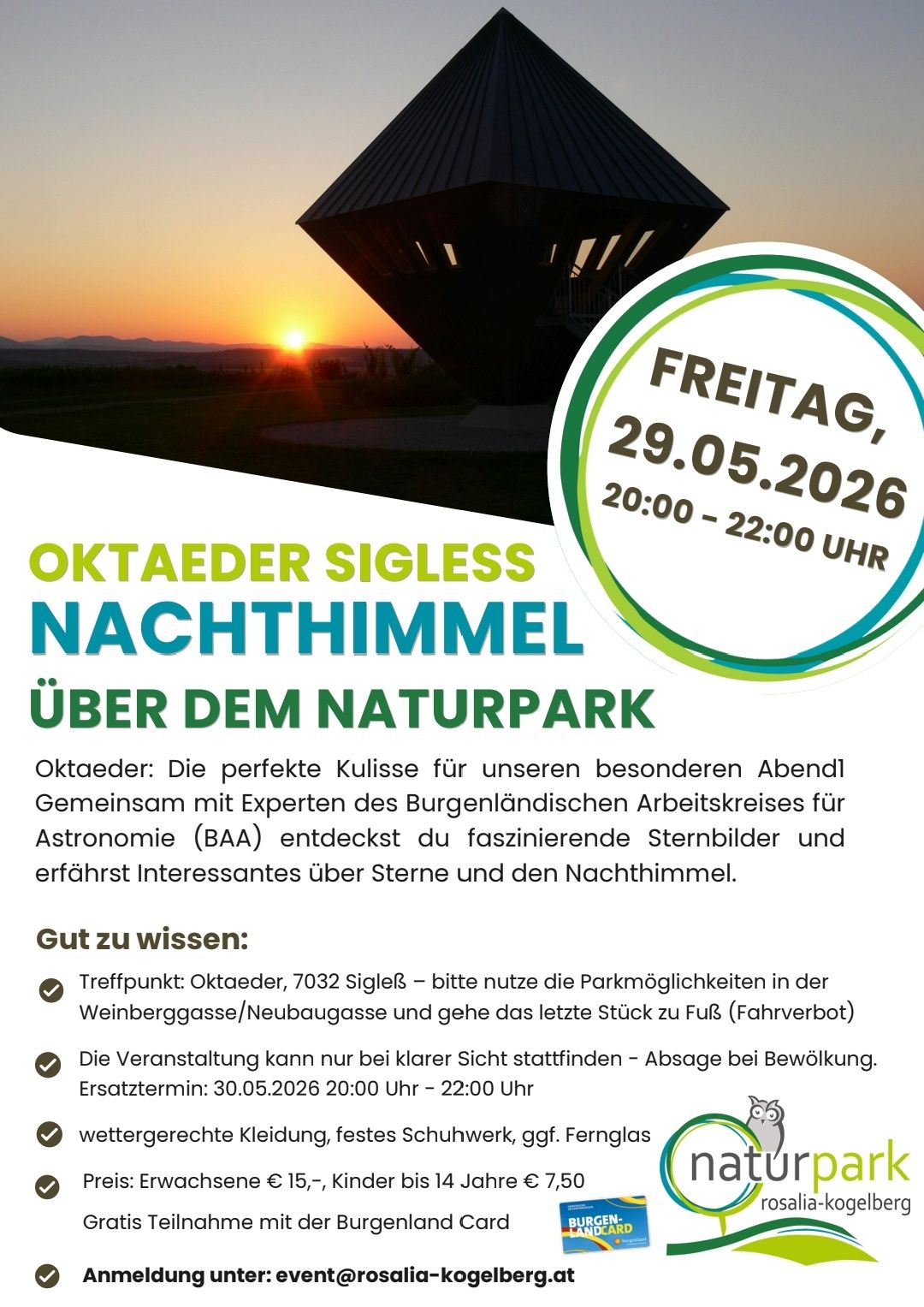 Plakat für eine Nachthimmel-Veranstaltung im Naturpark Oktaeder Sigless am 29.05.2026. Experten des Burgenländischen Arbeitskreises für Astronomie (BAA) entdecken faszinierende Sternenbilder und erfahren Interessantes über Sterne und den Nachthimmel.
