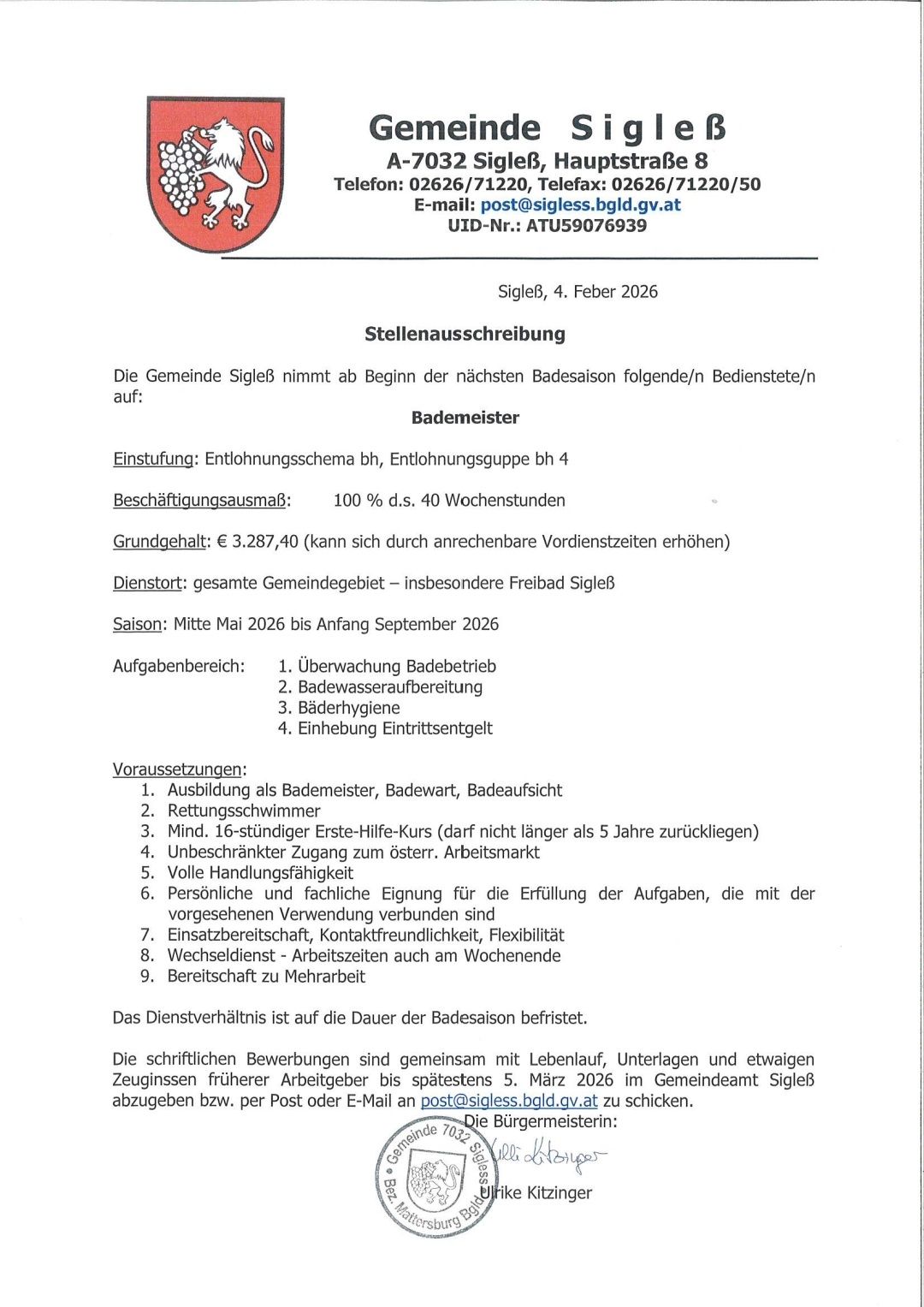 Job posting for a lifeguard in Sigleß starting February 4, 2026. Requirements include 100% availability, 40 hours per week, and a salary of €3,287.40. Duties include supervision, pool area maintenance, hygiene, and lifeguard training. Applications must be submitted by March 5, 2026.