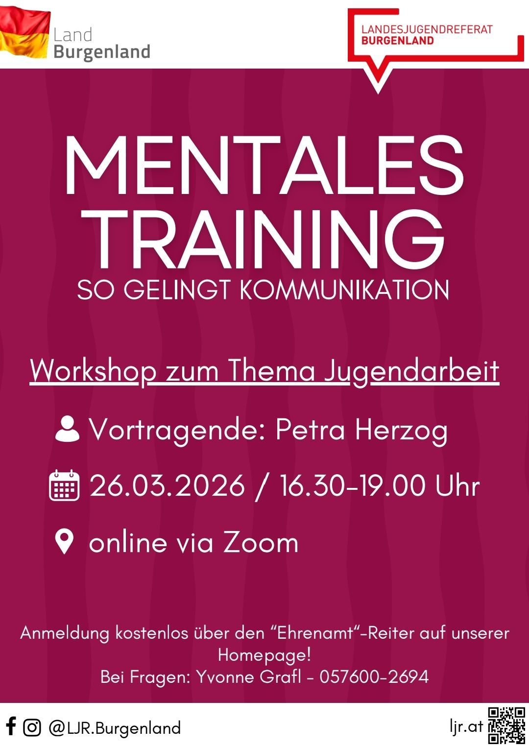 Ein Plakat für ein Mentales Training-Workshop zum Thema Jugendarbeit. Es zeigt Datum, Uhrzeit und Sprecher. Die Veranstaltung ist online via Zoom. Die Anmeldung ist kostenlos.